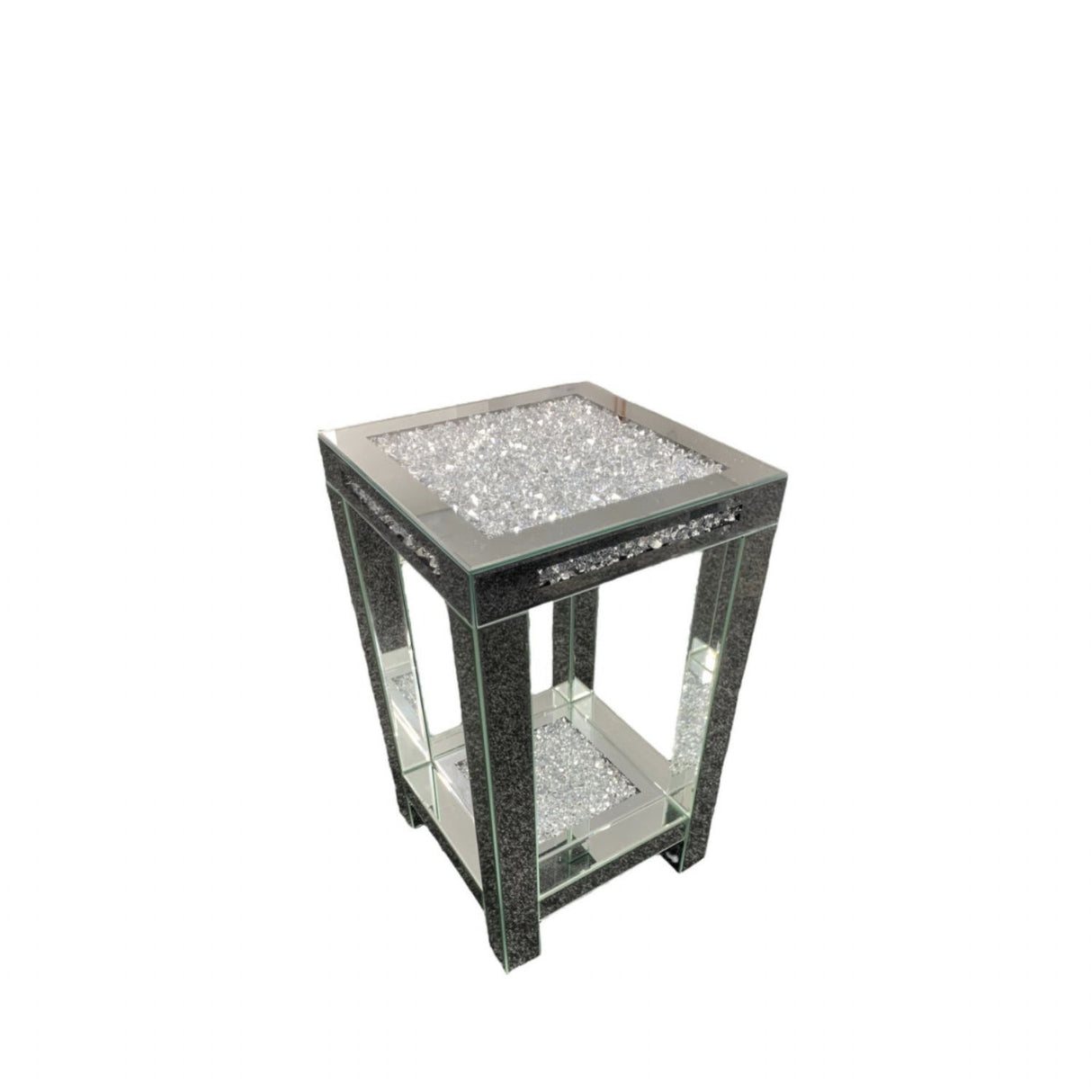 Mirrored Pedestal Side Table with Crushed Diamond Detailing