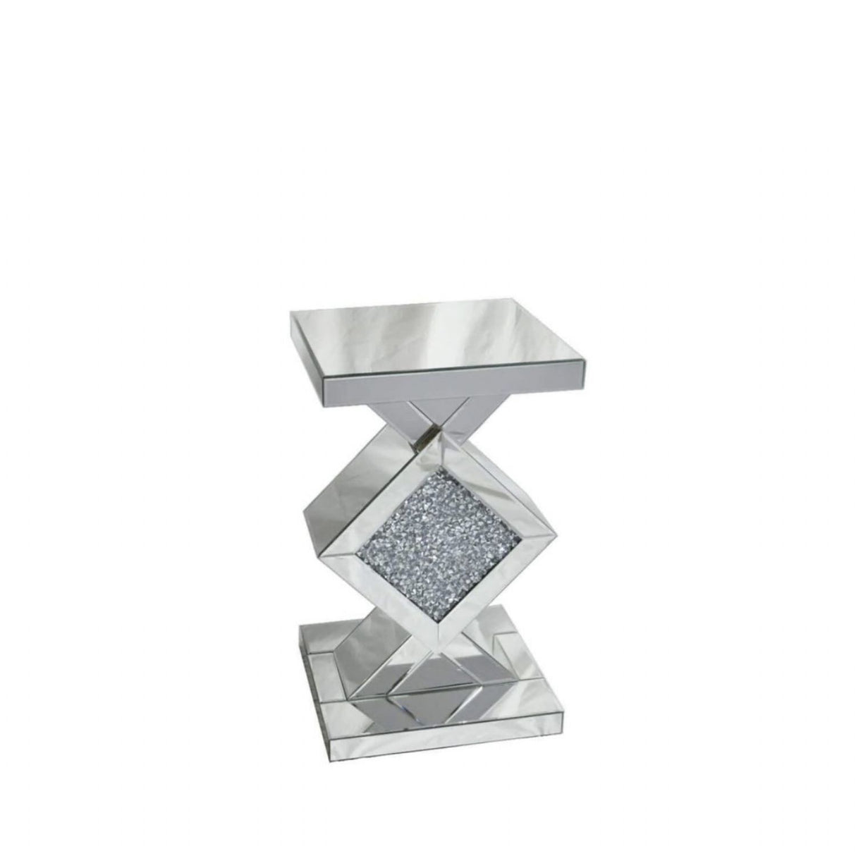 Mirrored Diamond Accent Pedestal Side Table with Crushed Crystal Centre