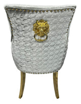 Luxury Silver Grey Shimmer Velvet Dining Chair with Lion Knocker and Gold Legs