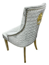 Luxury Silver Grey Shimmer Velvet Dining Chair with Lion Knocker and Gold Legs