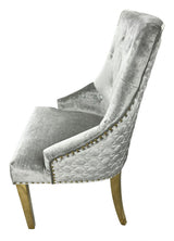 Luxury Silver Grey Shimmer Velvet Dining Chair with Lion Knocker and Gold Legs