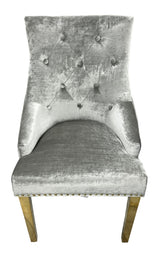Luxury Silver Grey Shimmer Velvet Dining Chair with Lion Knocker and Gold Legs