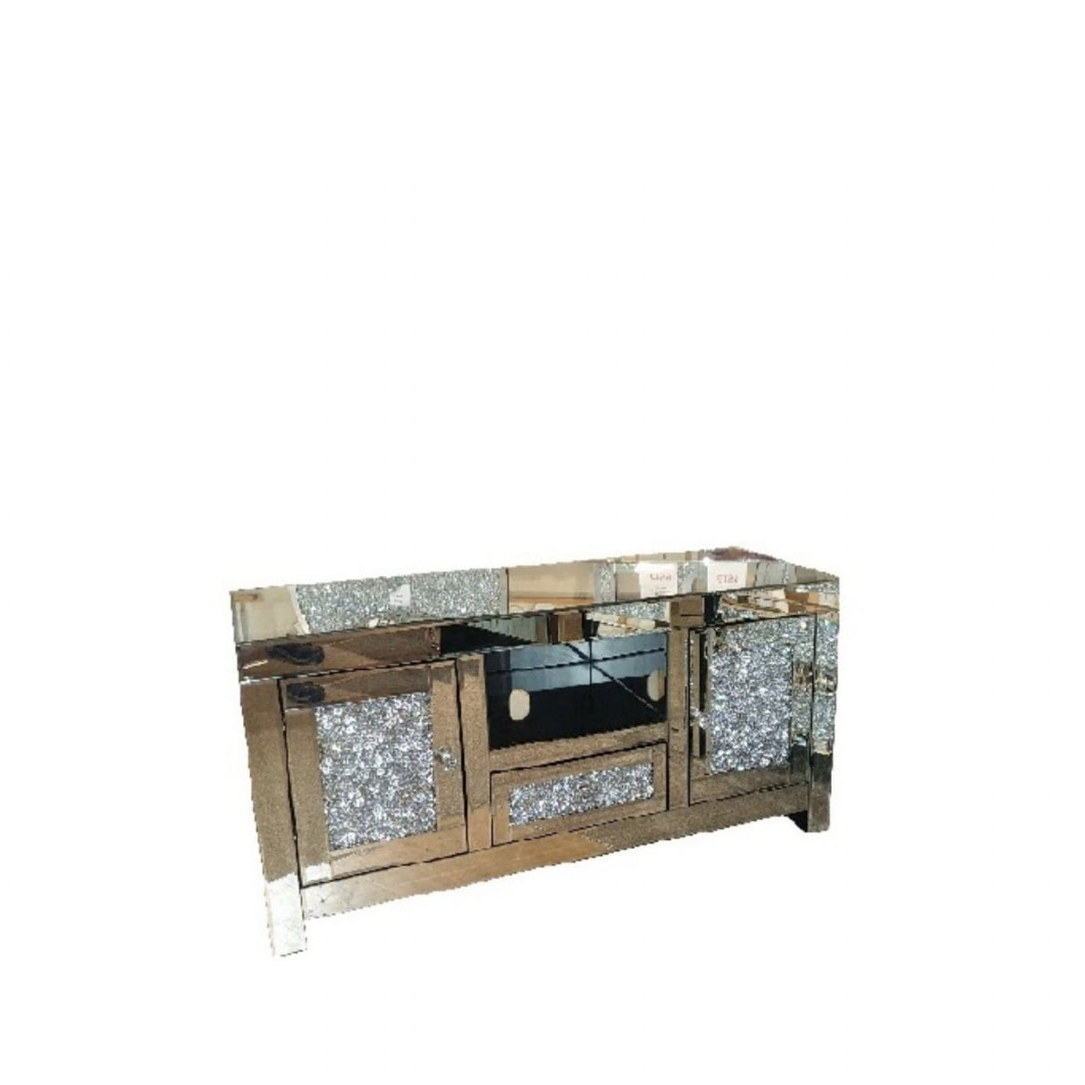 Mirrored Crushed Crystal 2 Door TV Unit with Open Shelves 120cm