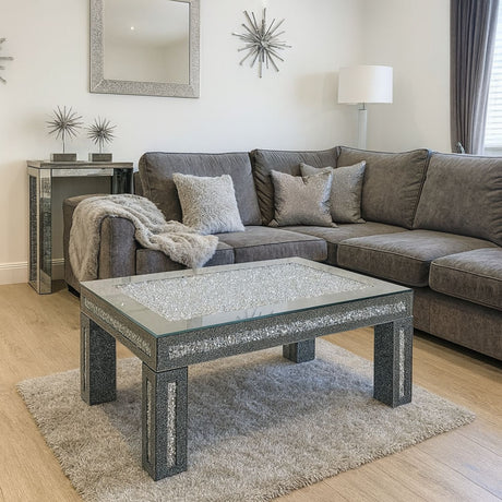 Silver Mirrored Crush Diamond Coffee Table with Glass Top