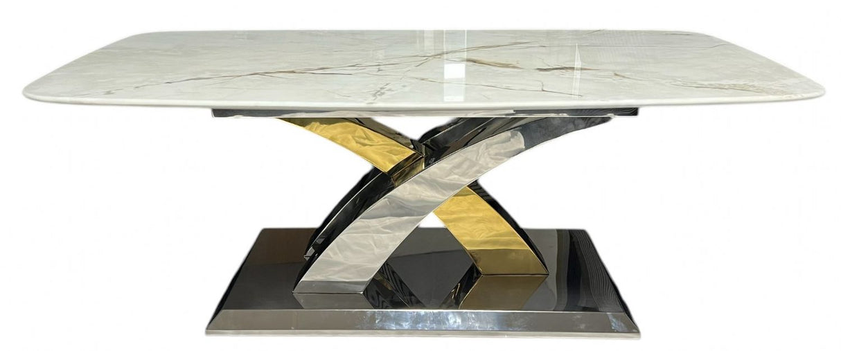 Luxury Cream Marble Effect Coffee Table with Silver and Gold Cross Base