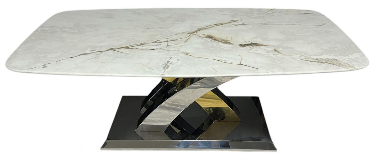 Luxury Cream Marble Effect Coffee Table with Silver and Gold Cross Base