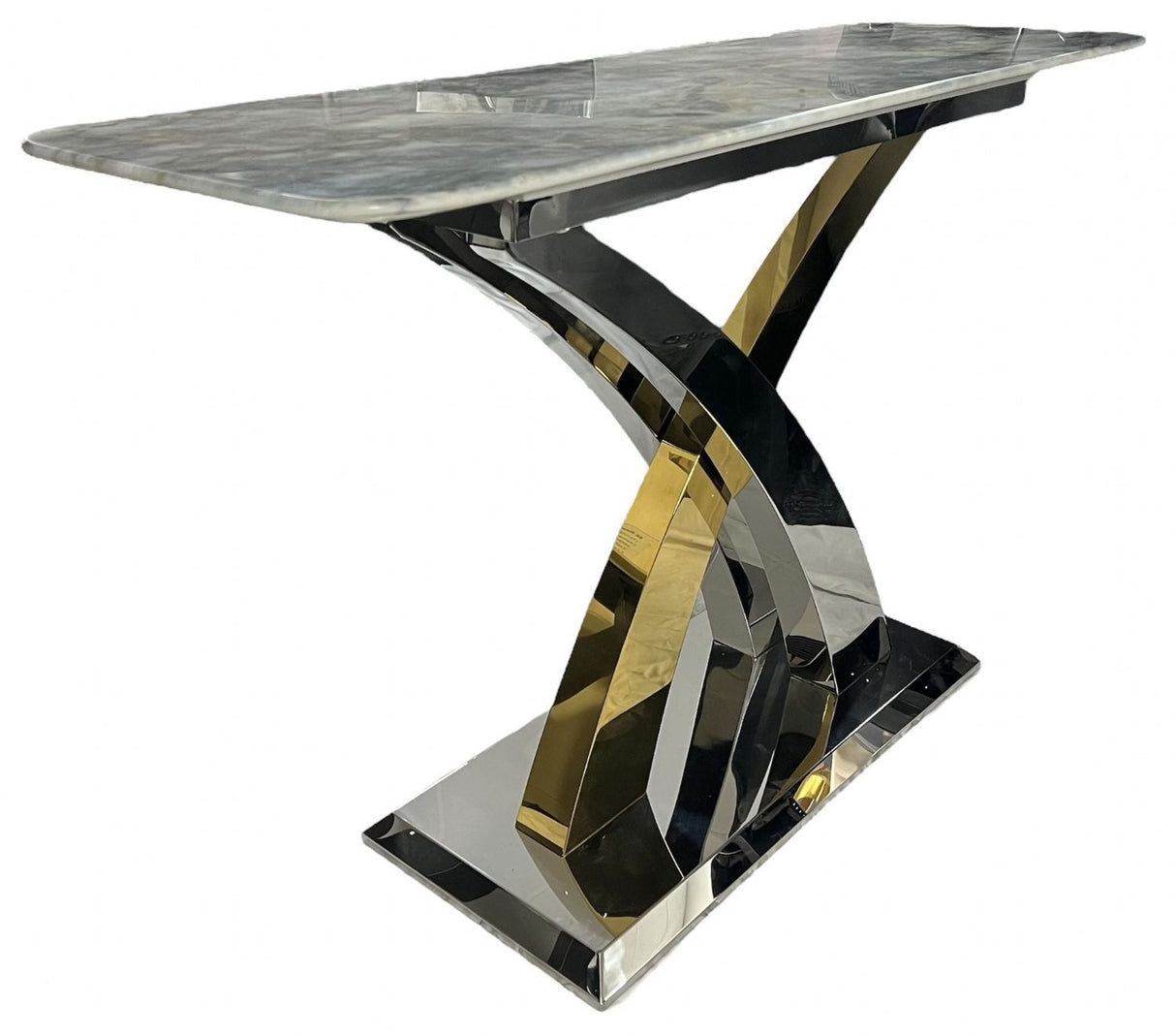 Luxury Grey Marble Effect Console Table with Silver and Gold Cross Pedestal Base
