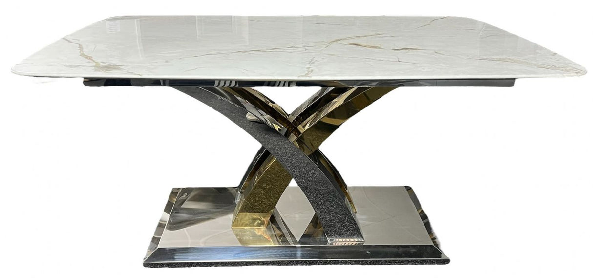 Luxury Cream Marble Effect Dining Table with Silver and Gold Cross Base