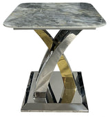 Grey Marble Effect Top Side Table with Polished Stainless Steel Cross Base