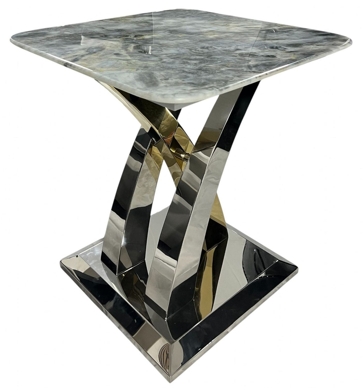 Grey Marble Effect Top Side Table with Polished Stainless Steel Cross Base