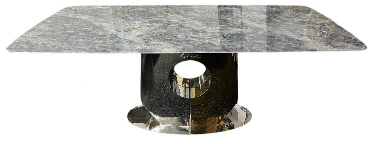 Luxury Grey Marble 2m Dining Table with Chrome and Gold Block Pedestal Base