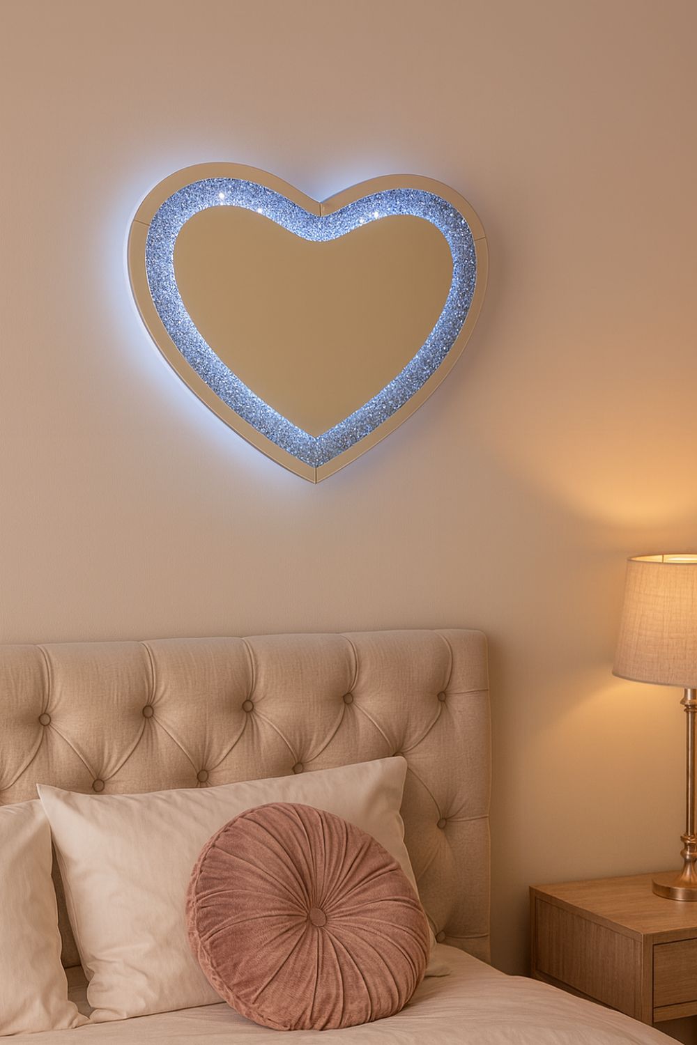 LED Heart Shaped Mirrored Wall Decor with Crushed Diamond Border