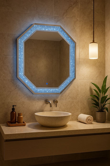 LED Illuminated Octagonal Crushed Diamond Decorative Wall Mirror 80 cm