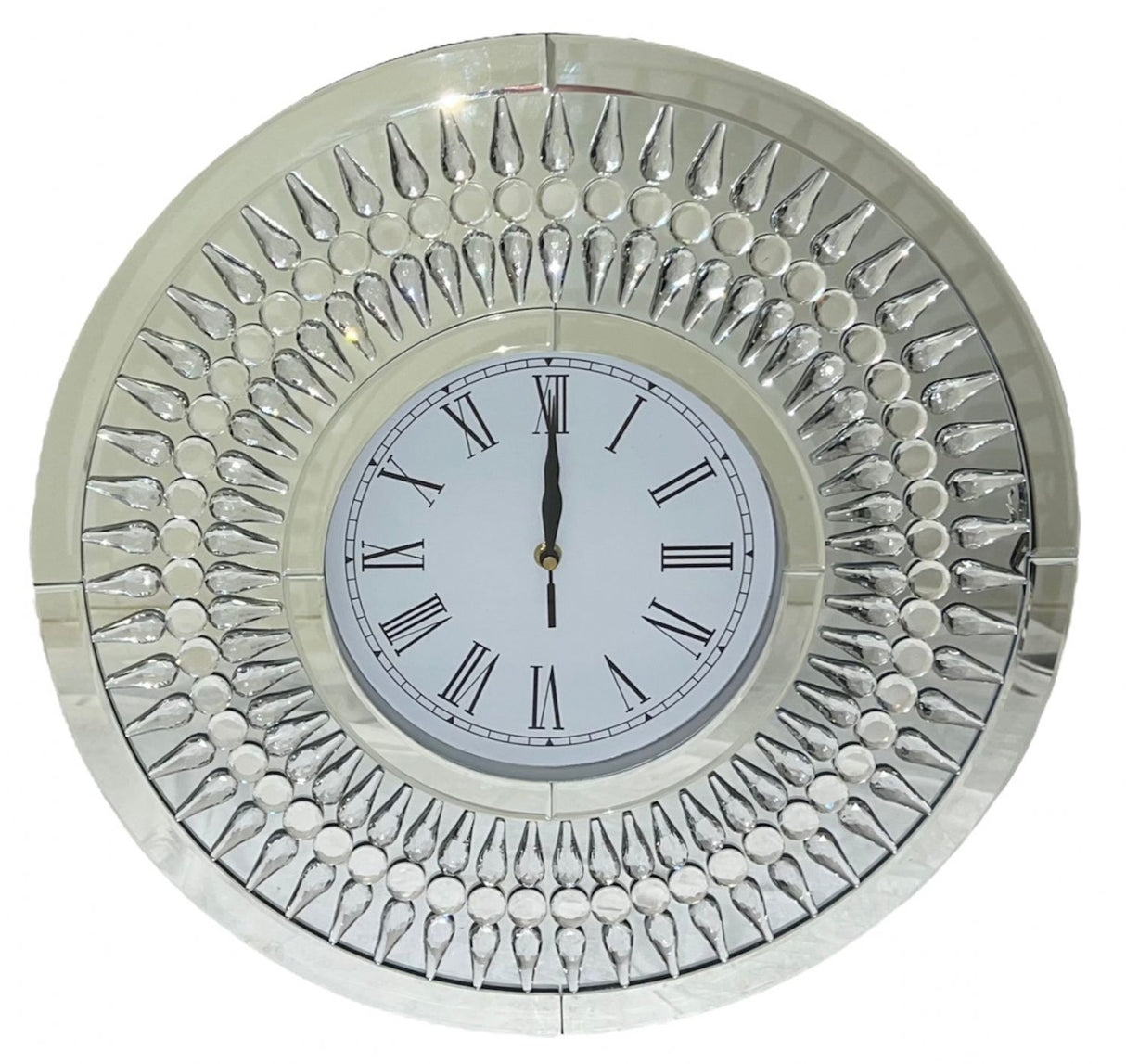 Luxury Round Mirrored Decorative Wall Clock with Teardrop Crystal Border