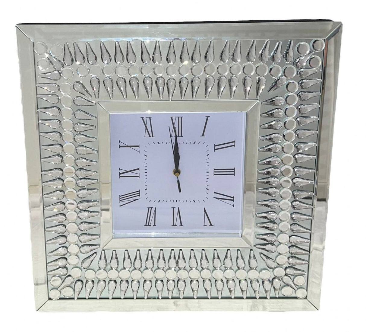 Luxury Square Mirrored Decorative Wall Clock with Teardrop Crystal Border