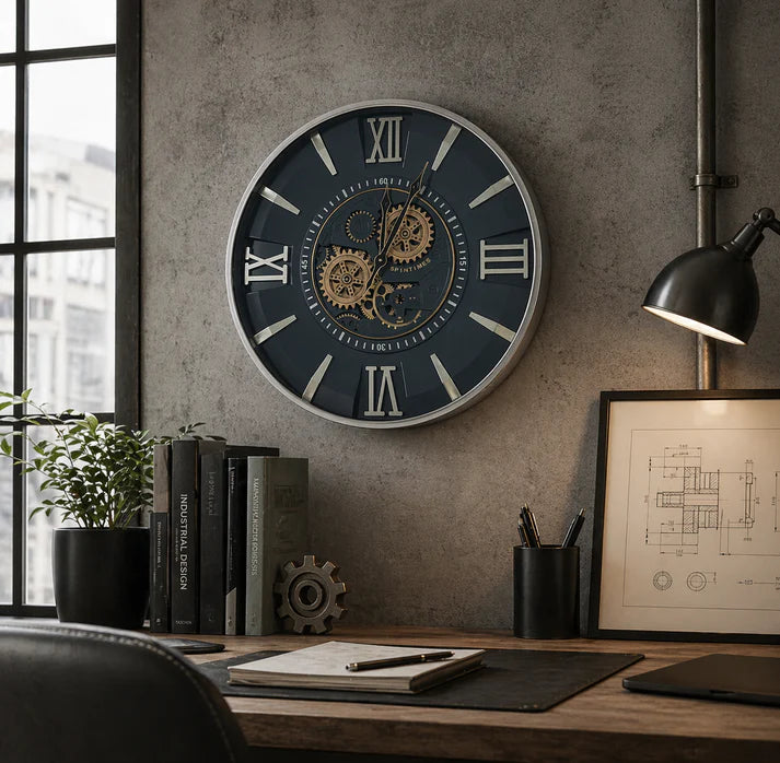 Industrial Black and Silver Mechanical Moving Gear Decorative Wall Clock