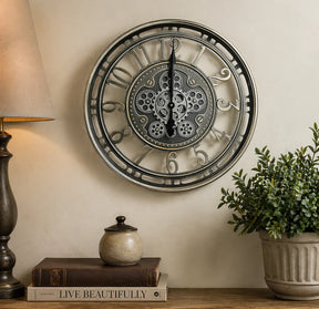 Industrial Silver Skeleton Gear Decorative Wall Clock