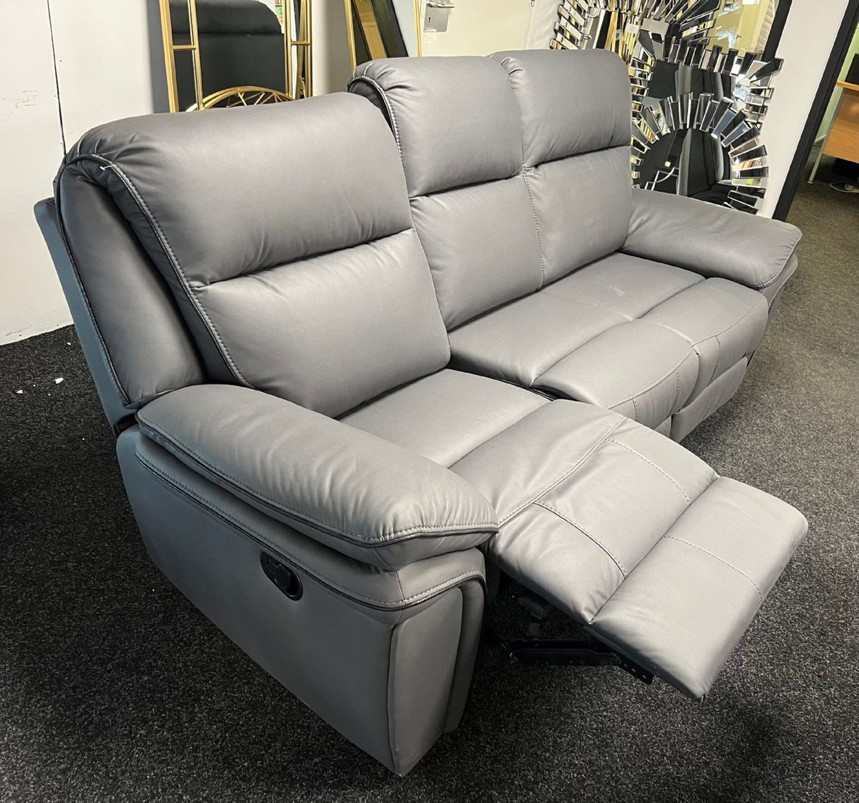 Modern Grey Leather Fabric Upholstery 3 Seater Recliner Sofa
