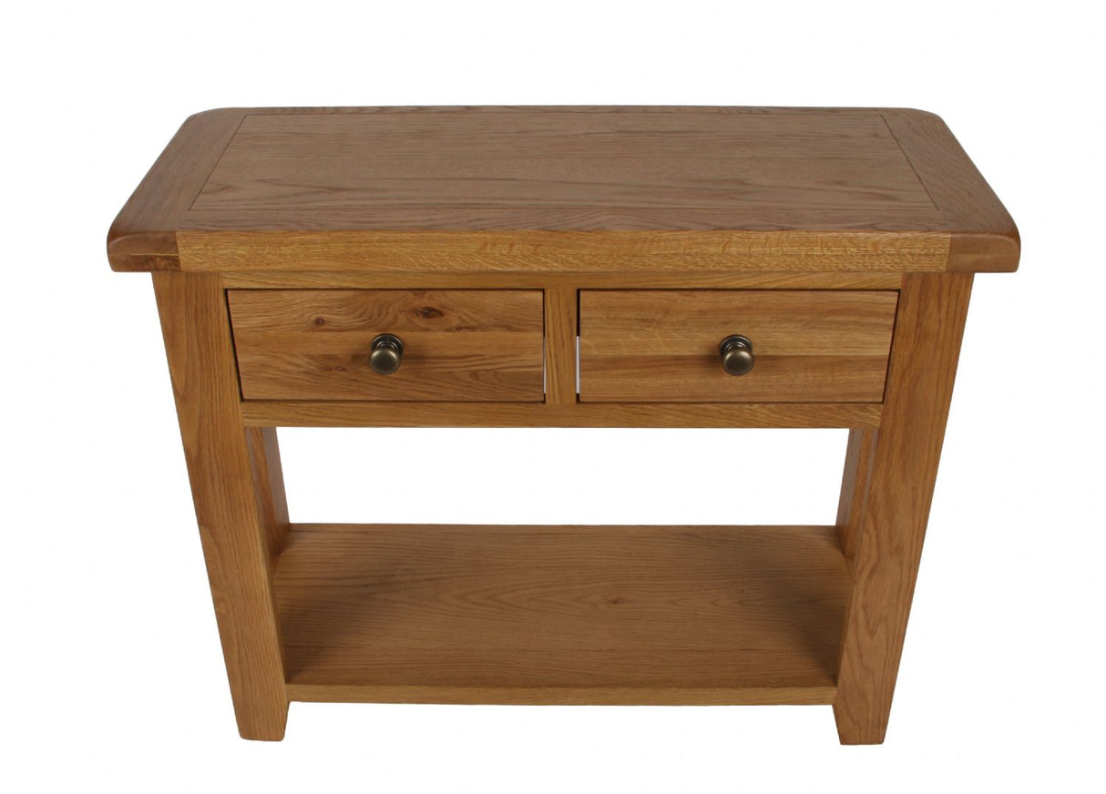Natural Oak 2 Drawer Console Table with Open Storage Shelf
