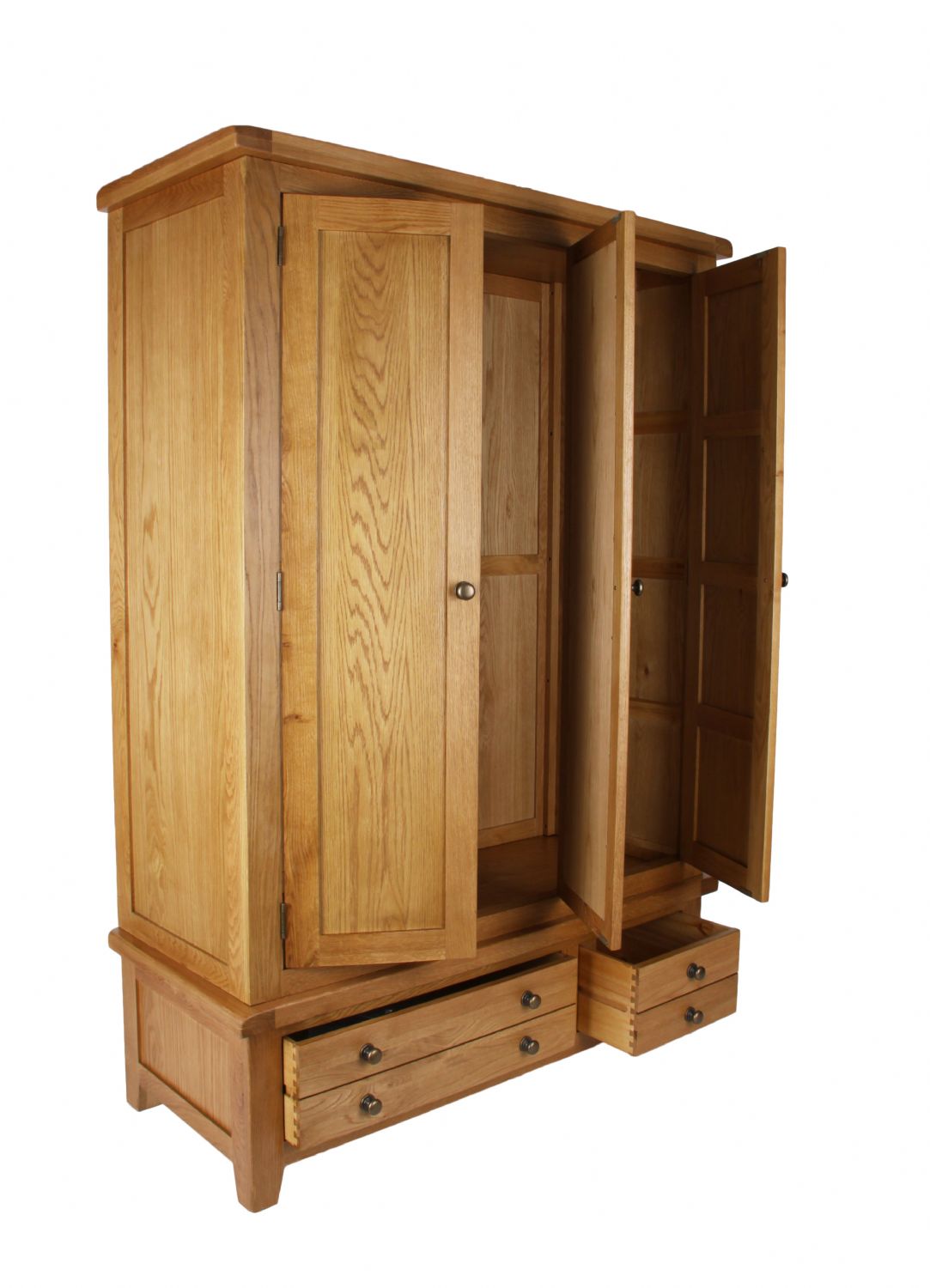Natural Oak Large 3 Door Wardrobe with Mirror Door and 4 Storage Drawers
