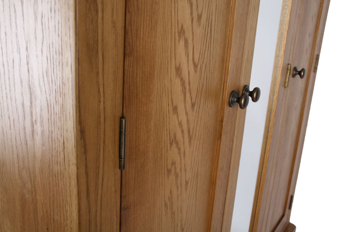 Natural Oak Large 3 Door Wardrobe with Mirror Door and 4 Storage Drawers