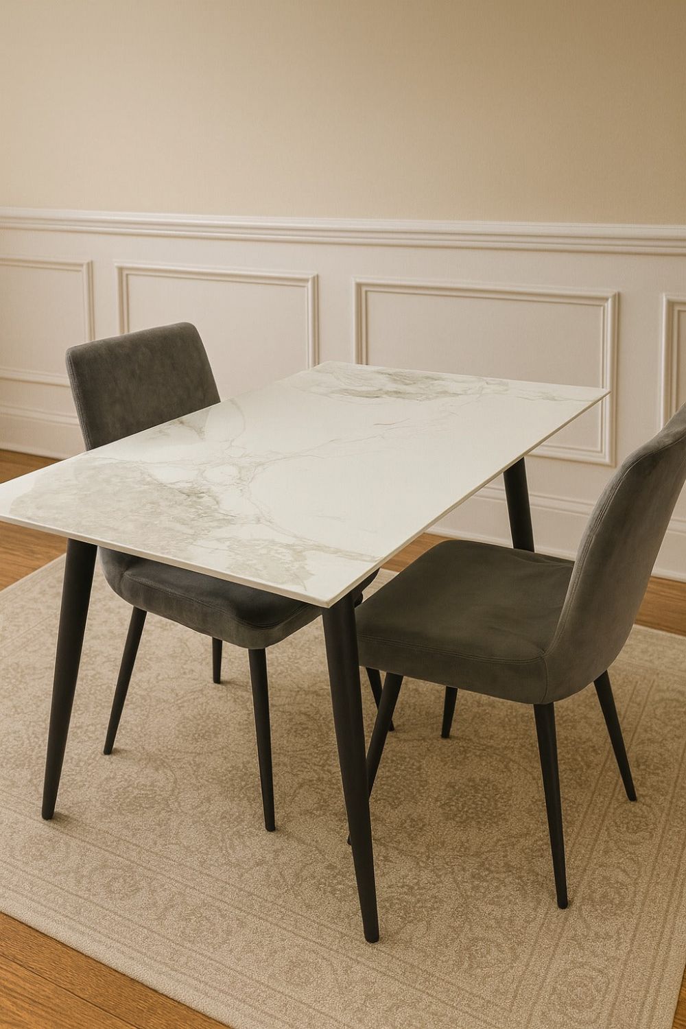 Luxury Grey Marble Effect Ceramic Dining Table with Black Legs