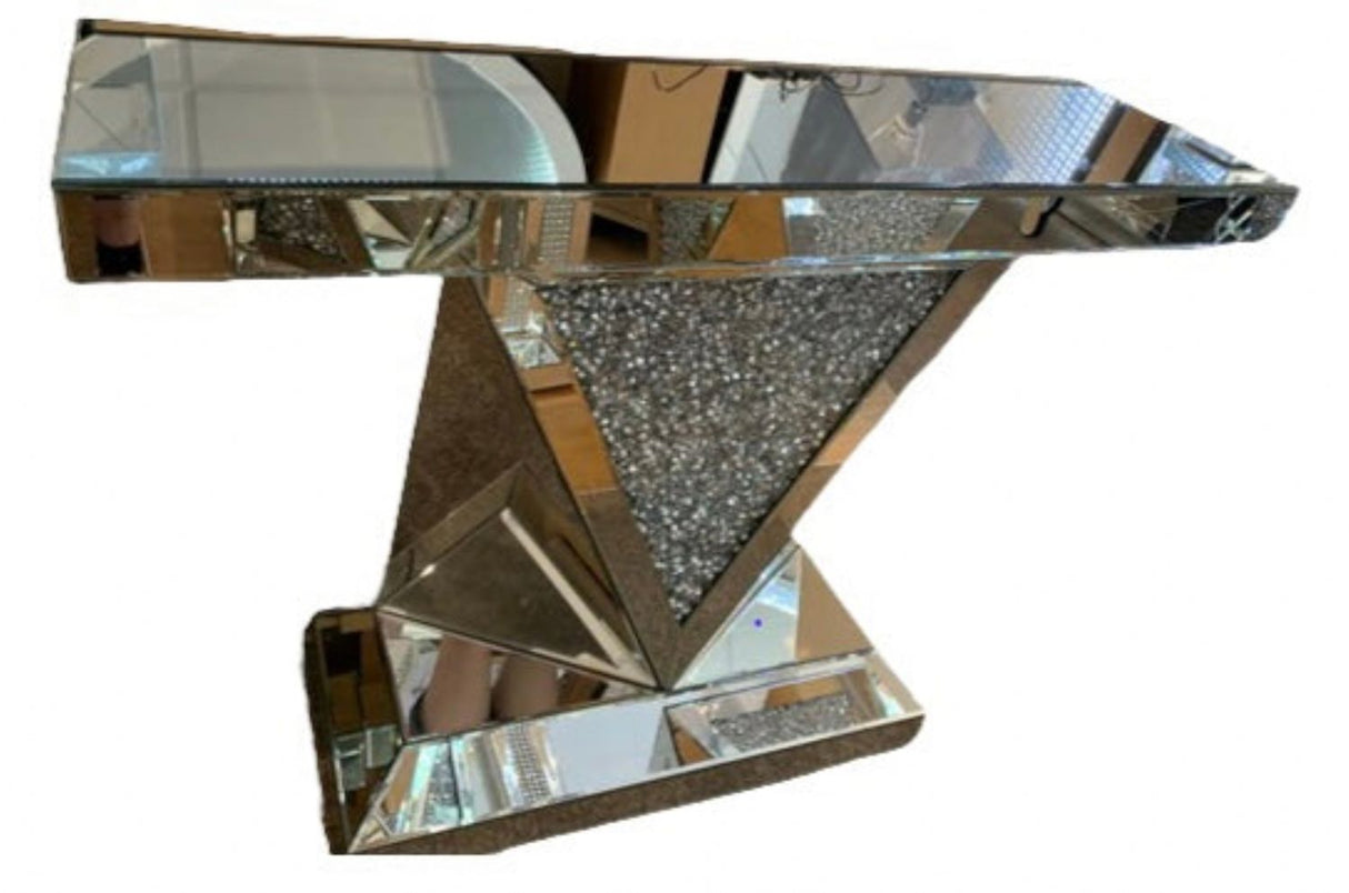 Mirrored V Design Console Table with Crushed Diamond Centre Panel