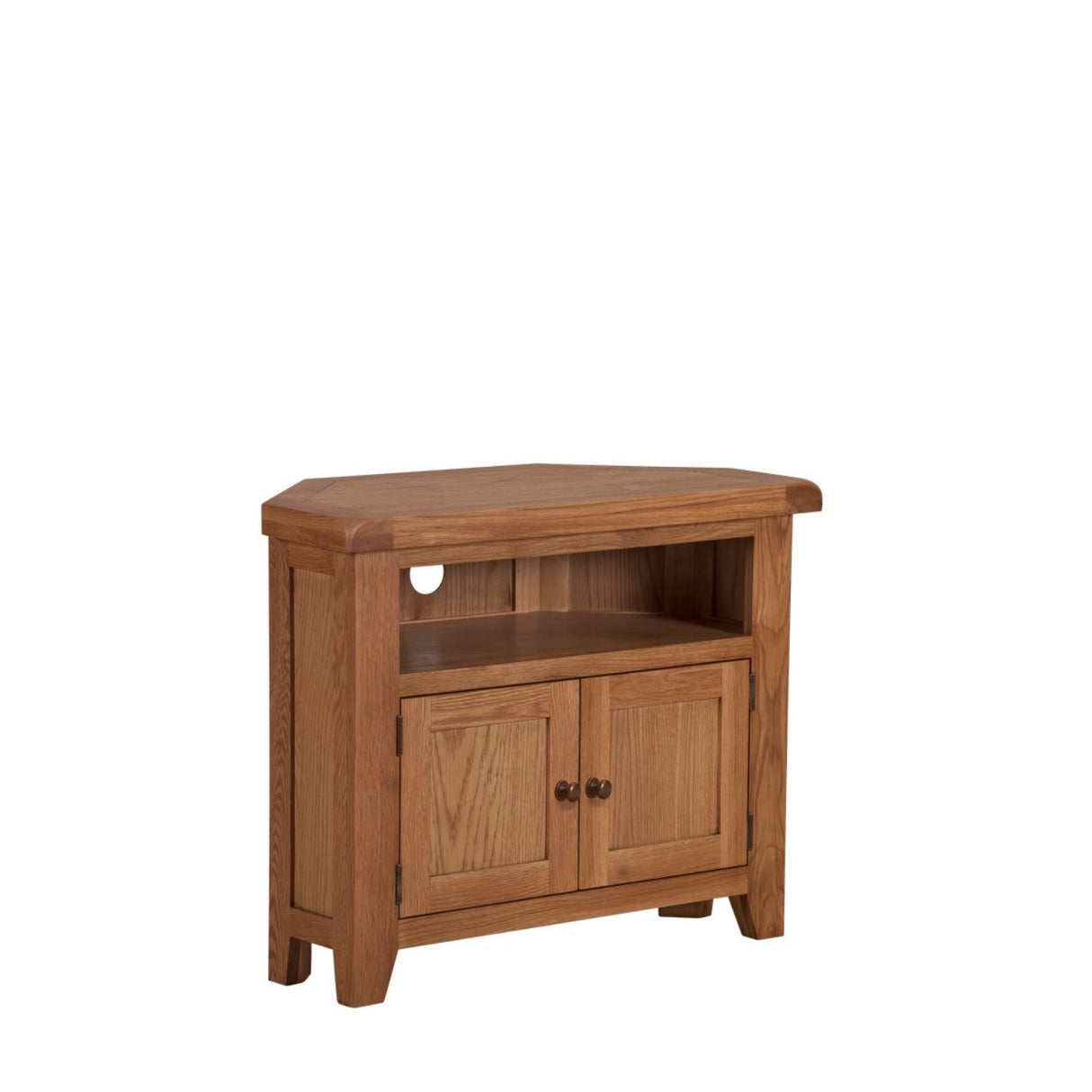 Natural Oak Corner TV Unit with 2 Door Storage and Open Media Shelf