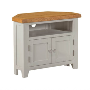 Modern Grey Painted Oak Corner TV Unit with Cupboard and Open Shelf