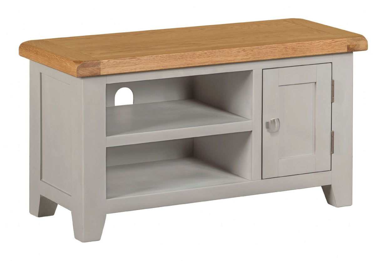 Stone Grey Painted Small TV Unit with 1 Door Storage and Open Shelving in Natural Oak Finish