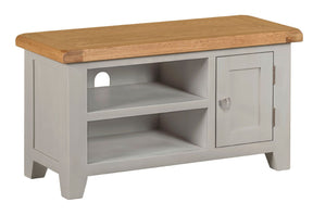 Stone Grey Painted Small TV Unit with 1 Door Storage and Open Shelving in Natural Oak Finish