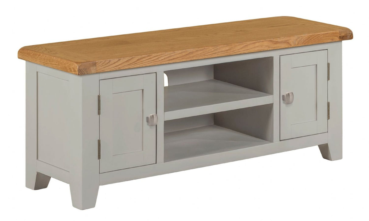 Large Stone Grey Painted 2 Door TV Unit with Open Shelving and Natural Oak Top