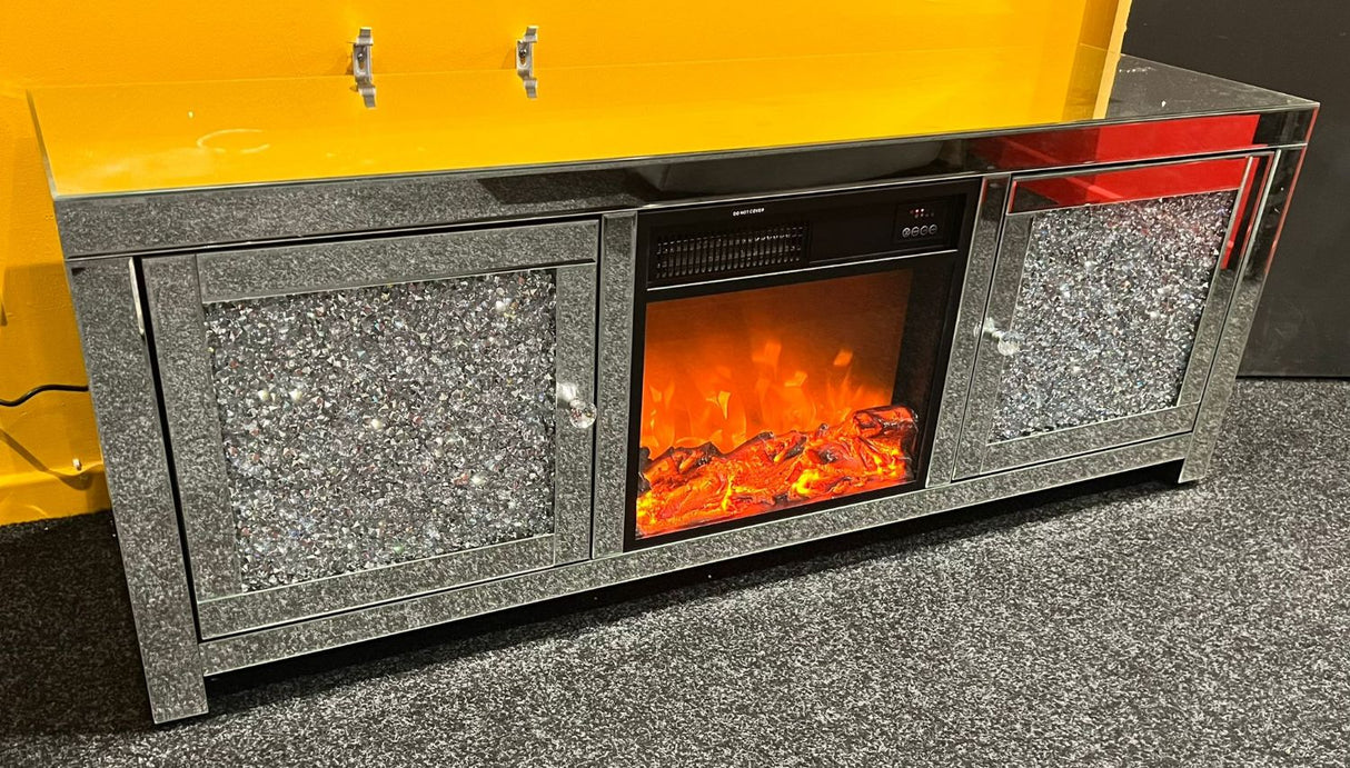 Silver Mirrored TV Unit with Crystal Door Panels and Built In Electric Heater