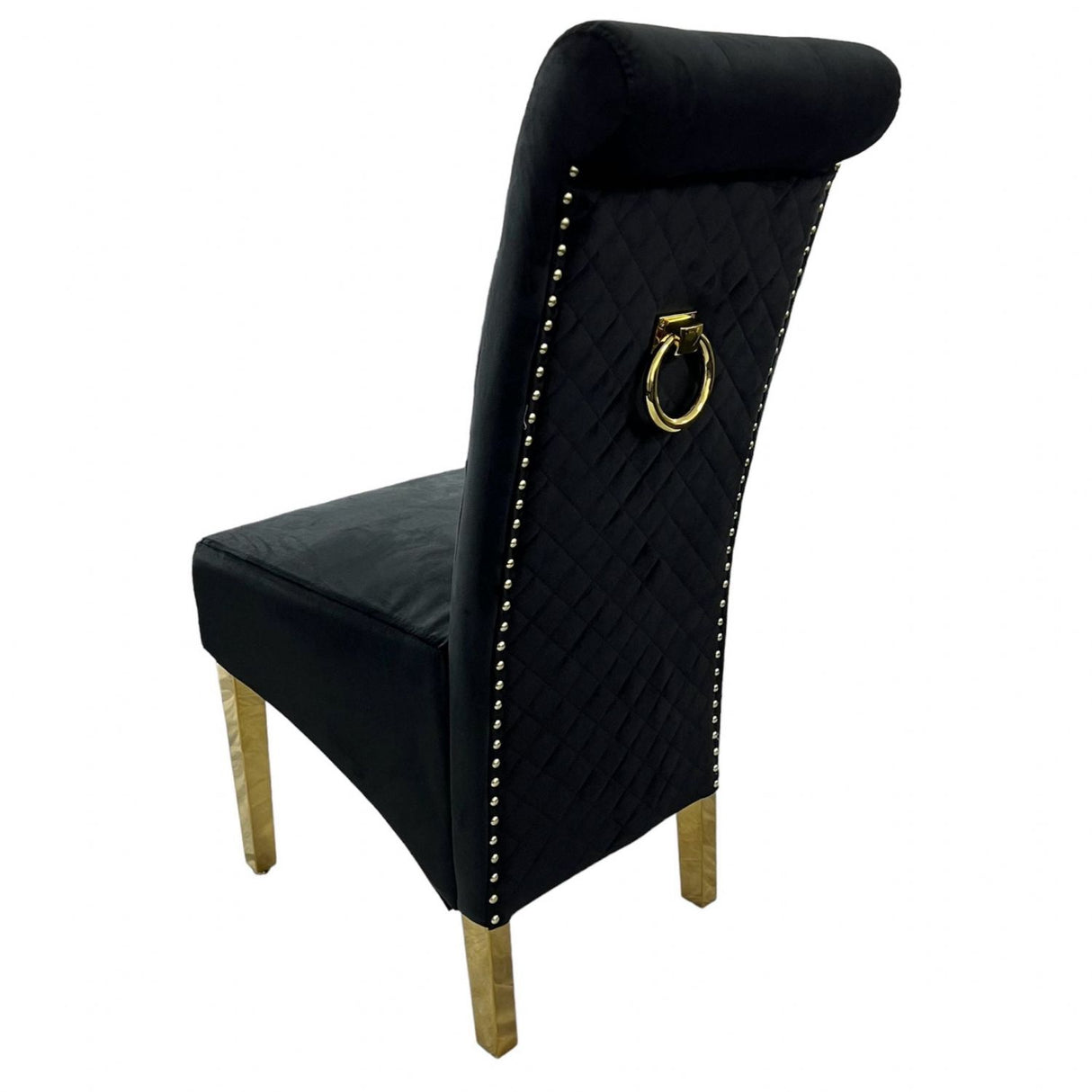 Luxury Black Velvet Dining Chair with Gold Ring Knocker and Gold Legs