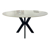 Luxury White Marble Effect Ceramic 1.3m Round Dining Table with Black Cross Pedestal Base