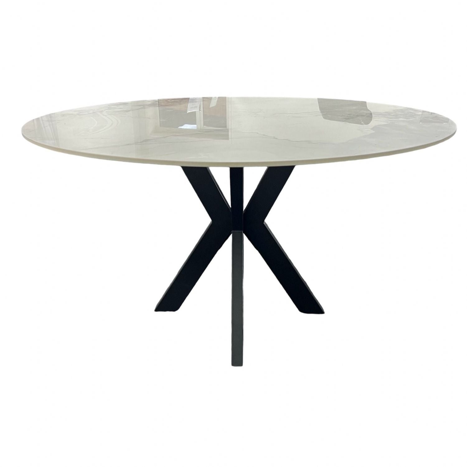 Luxury White Marble Effect Ceramic Round Dining Table with Black Cross Pedestal Base