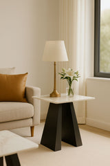Modern White Ceramic Top Lamp Table with Black Pedestal Base