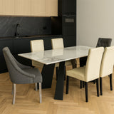 Luxury White Marble Effect Ceramic Extending Dining Table with Black Pedestal Legs