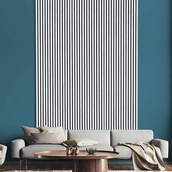 Black and white slatted acoustic wall panel by AWS, 60 x 280cm, showcasing modern marble-inspired design for sound absorption.