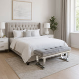 Luxury Dark Grey Velvet 180cm Bench with Chrome Circular Metal Base