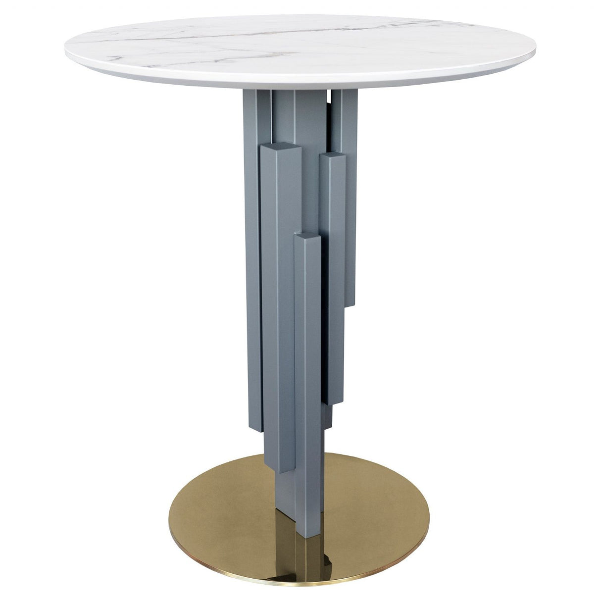 White Marble Effect Top Round Bar Table Grey Column Base