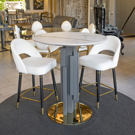 White Marble Effect Top Round Bar Table Grey Column Base