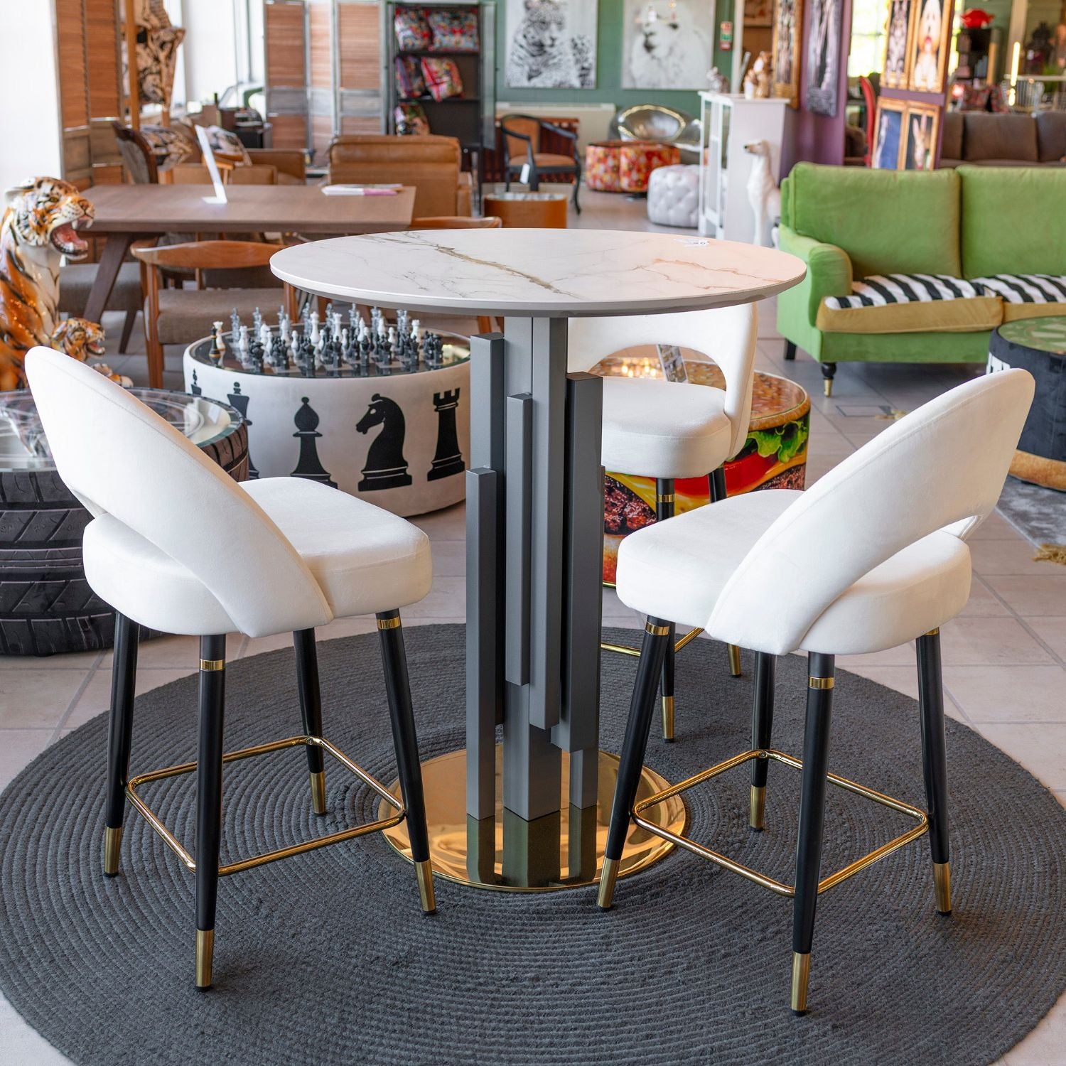 White Marble Effect Top Round Bar Table Grey Column Base