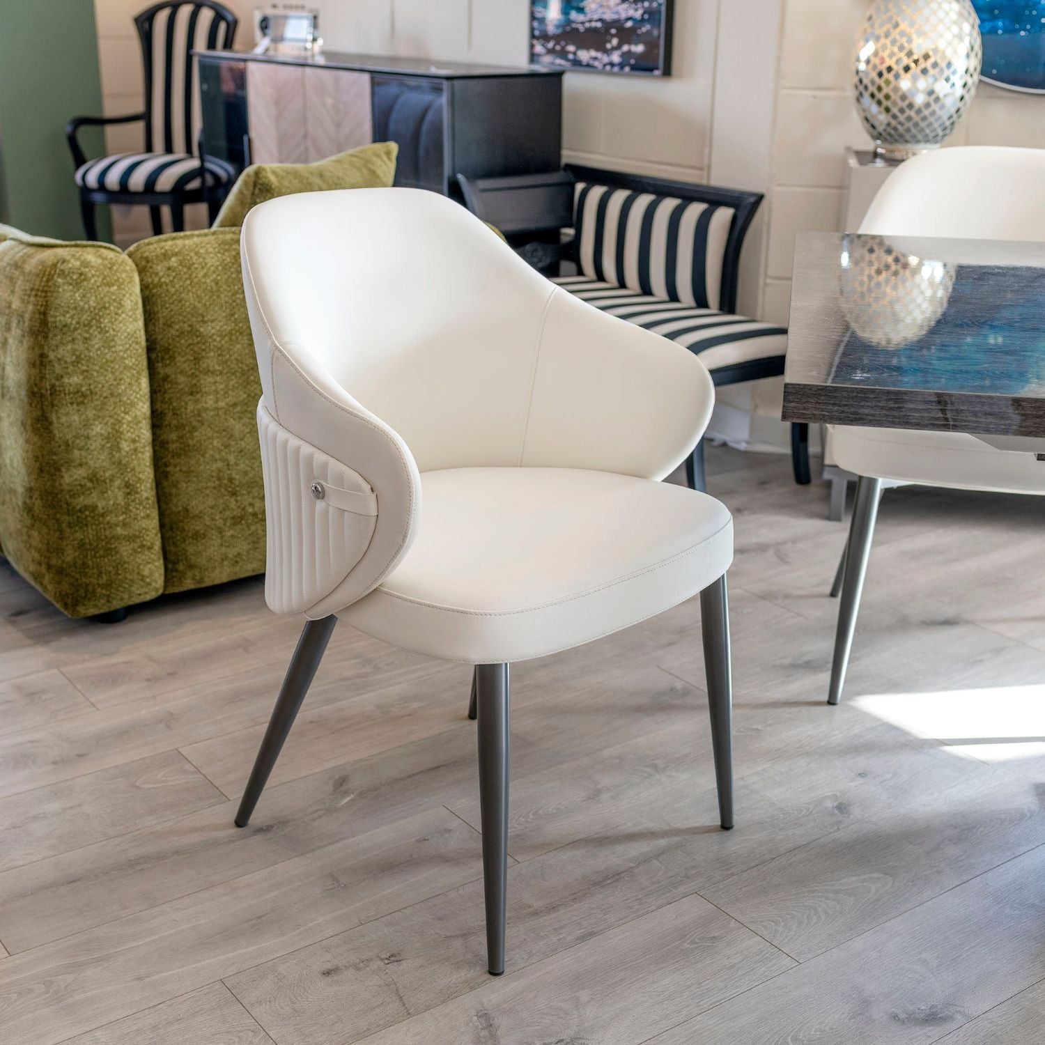 Ivory Leather Effect Ribbed Dining Chair Metal Legs