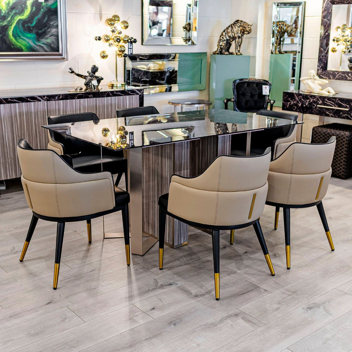 Black and Stone Leather Effect Dining Chair Metal Legs