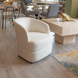 Ivory Linen Fabric Curved Tub Chair Brown Wooden Feet