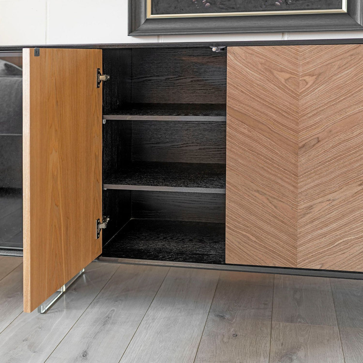 Black Wood 4 Door Chevron Large Sideboard Acrylic Feet