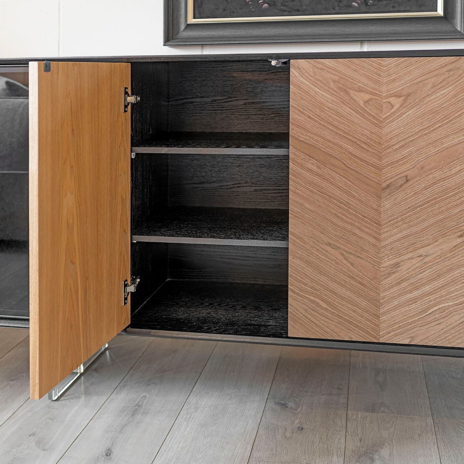 Black Wood 4 Door Chevron Large Sideboard Acrylic Feet