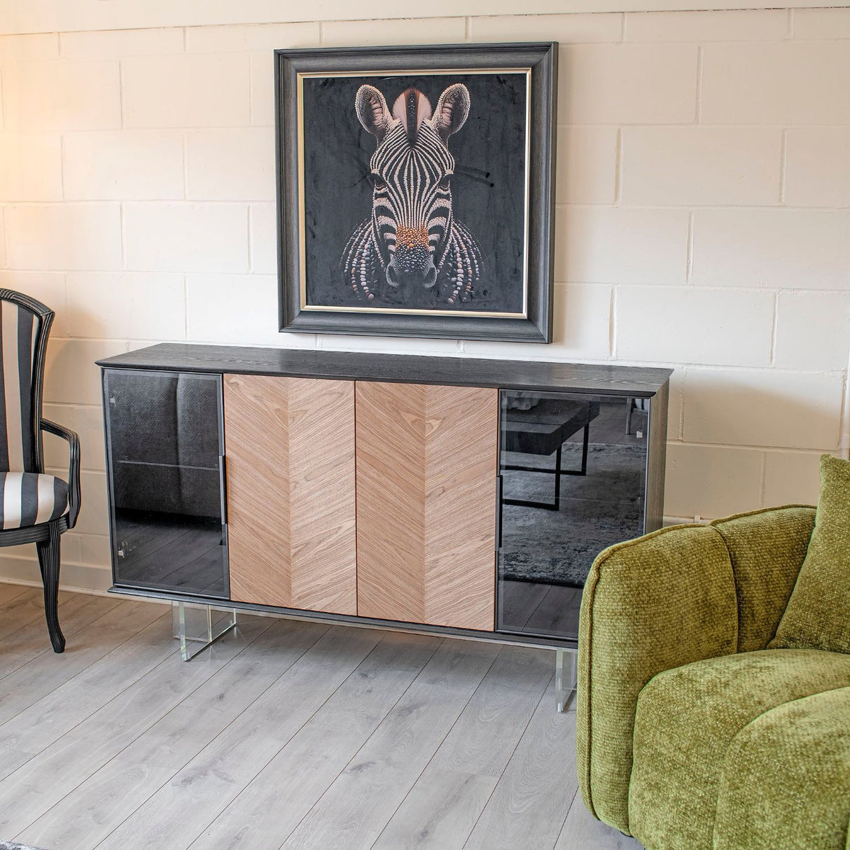 Black Wood 4 Door Chevron Large Sideboard Acrylic Feet