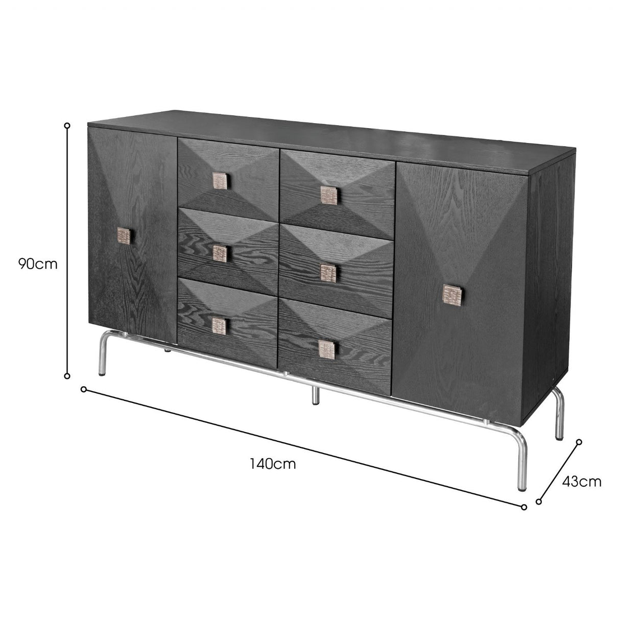 Black Oak 2 Door 6 Drawer Wide Sideboard Chrome Base